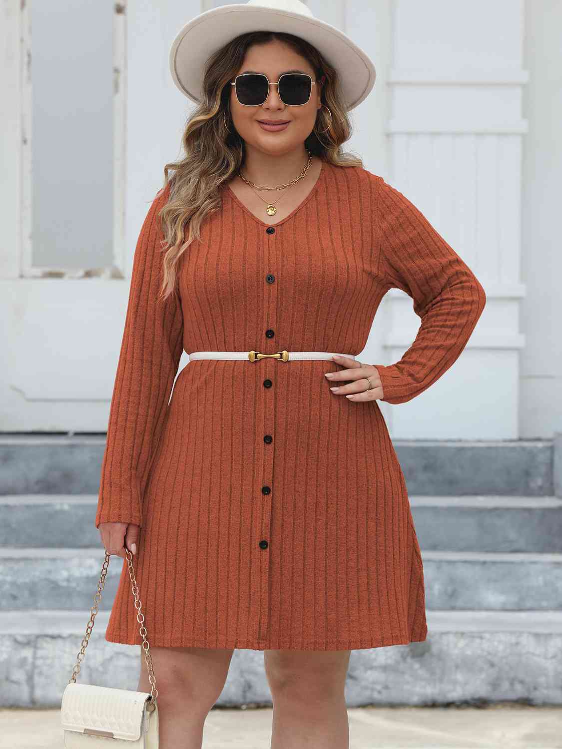 Plus Size Ribbed Buttoned V-Neck Long Sleeve Dress - AllIn Computer