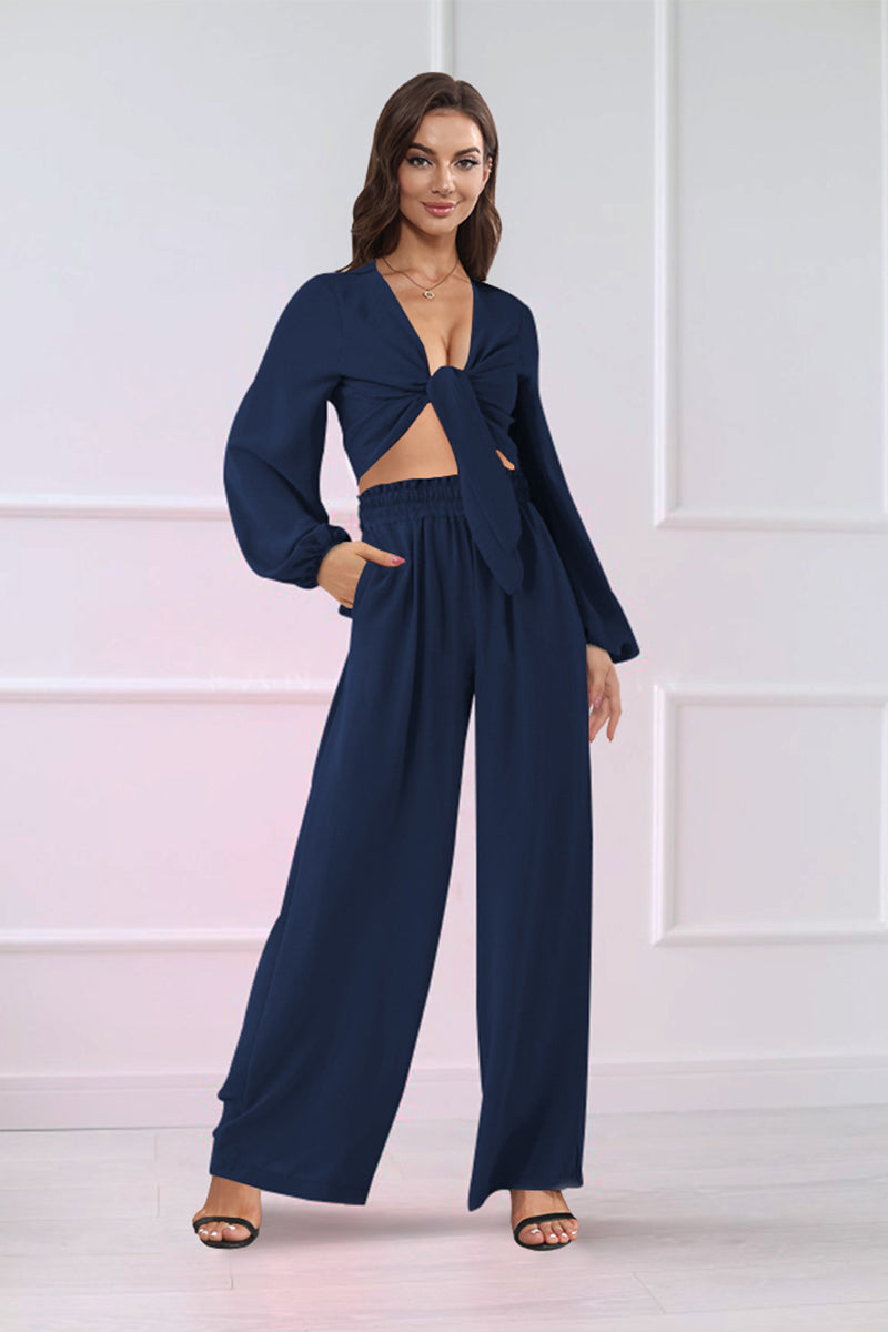 Cutout Long Sleeve Top and Wide Leg Pants Set - AllIn Computer