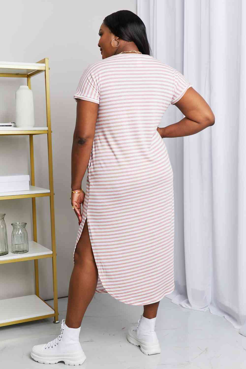 Heimish Full Size Horizontal Stripe Side Slit V-Neck Dress - AllIn Computer
