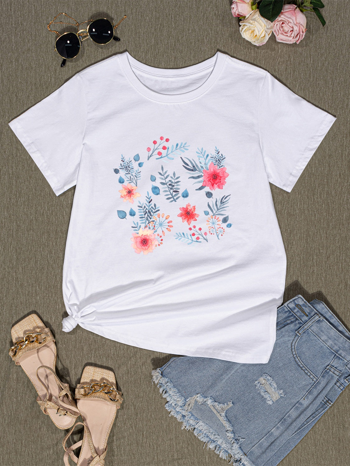 Flower Round Neck Short Sleeve T-Shirt - AllIn Computer