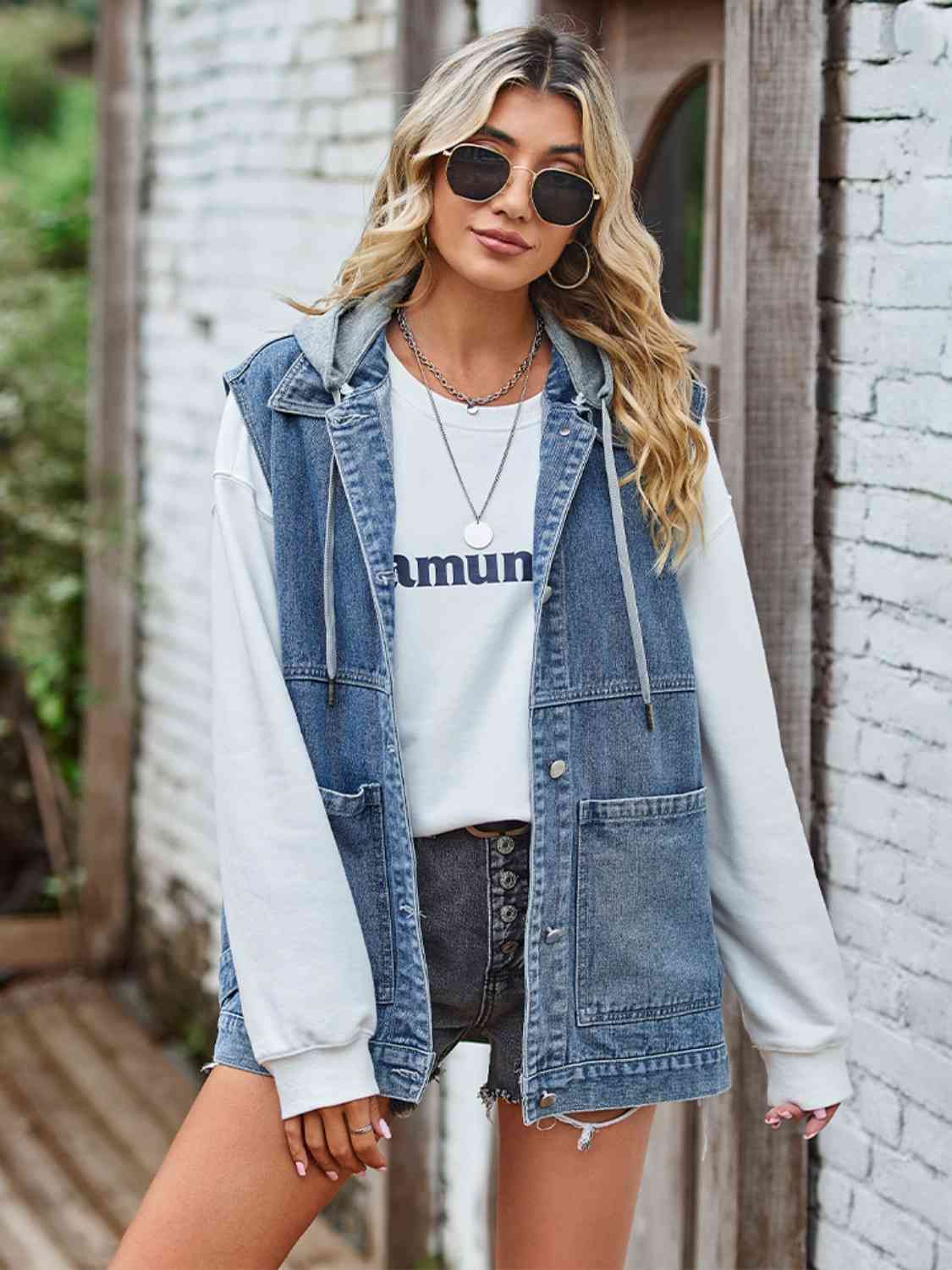 Button Up Sleeveless Denim Jacket with Pockets - AllIn Computer
