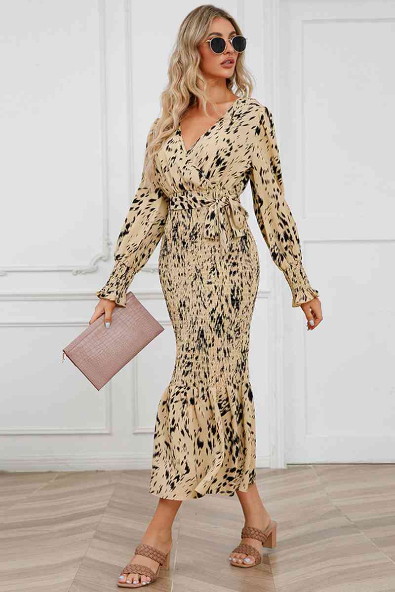Printed V-Neck Smocked Midi Dress - AllIn Computer