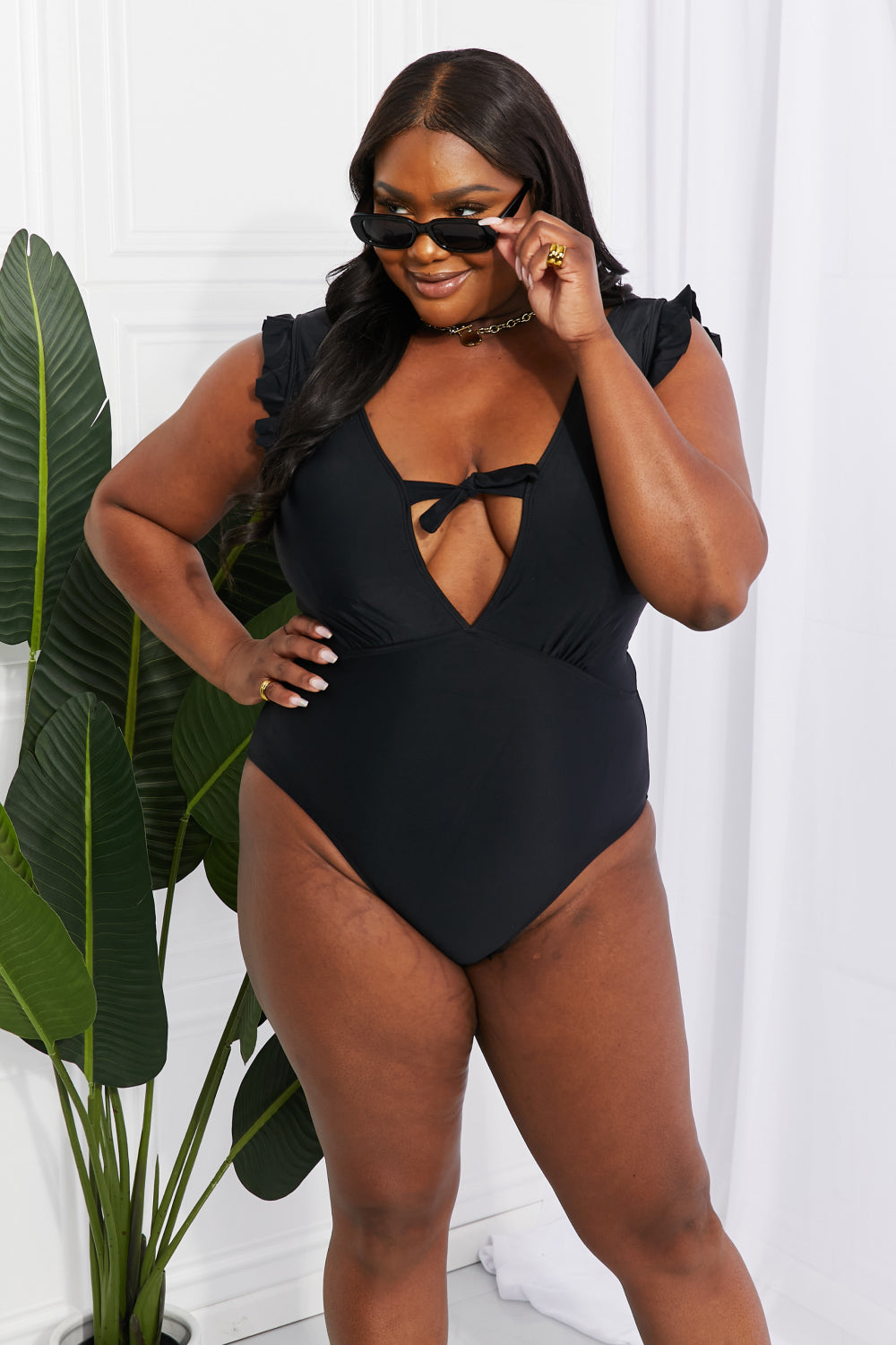 Marina West Swim Seashell Ruffle Sleeve One-Piece in Black - AllIn Computer