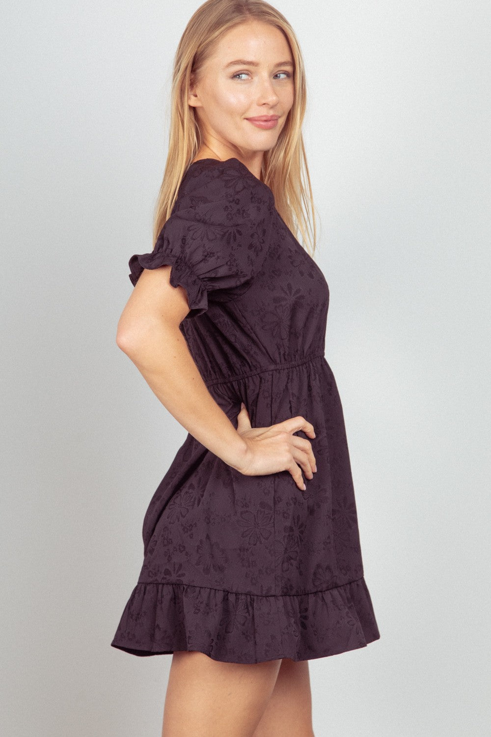 VERY J Floral Textured Woven Ruffled Mini Dress - AllIn Computer