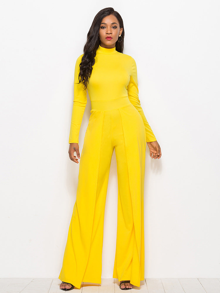 Long Sleeve Mock Neck Wide Leg Jumpsuit - AllIn Computer