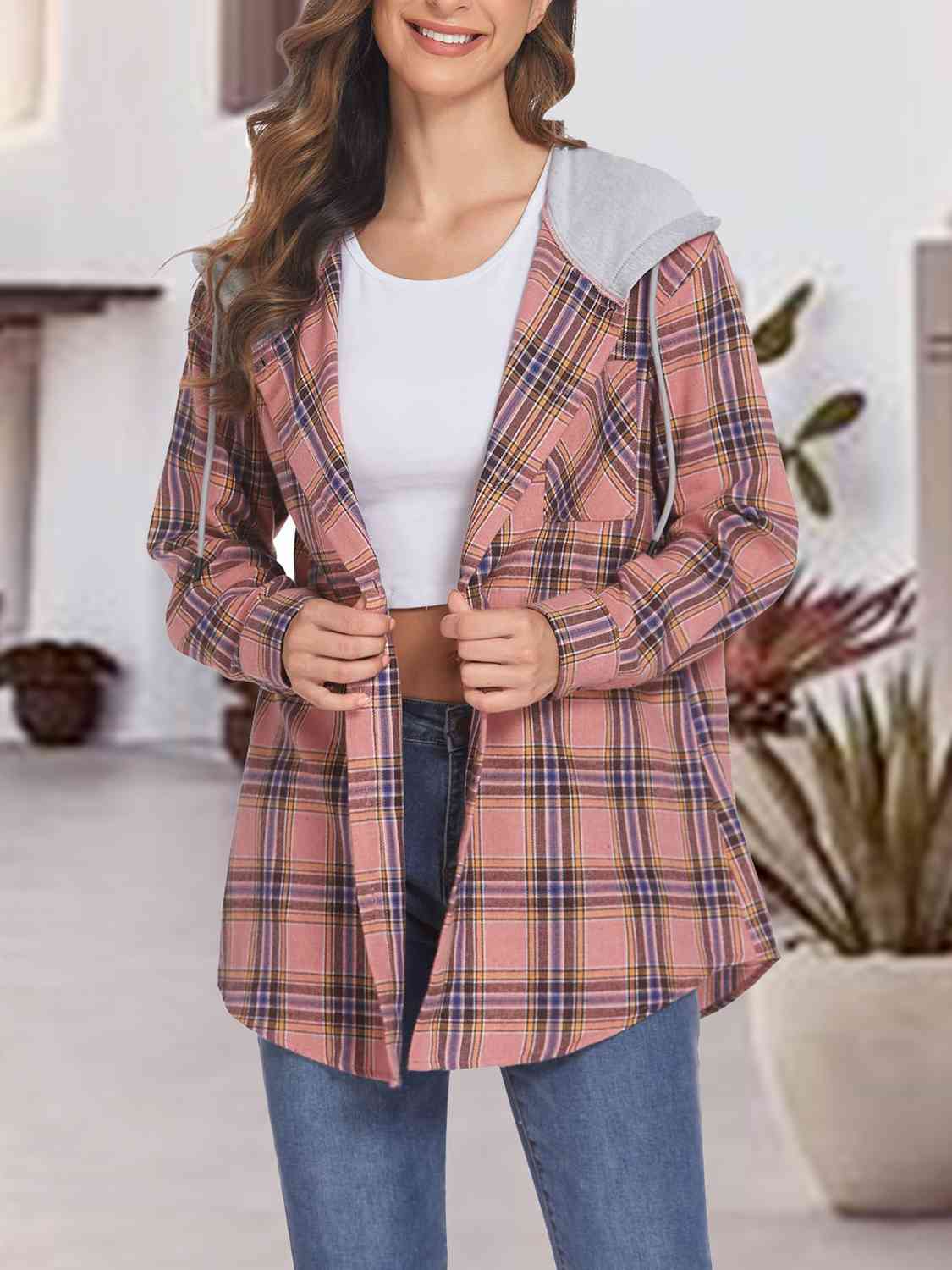 Plaid Drawstring Button Up Hooded Jacket - AllIn Computer