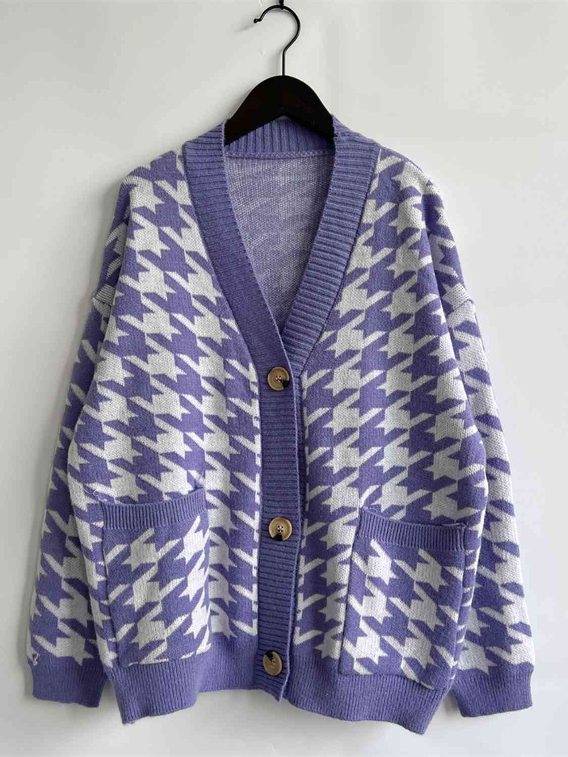 Houndstooth Botton Front  Cardigan with Pockets - AllIn Computer