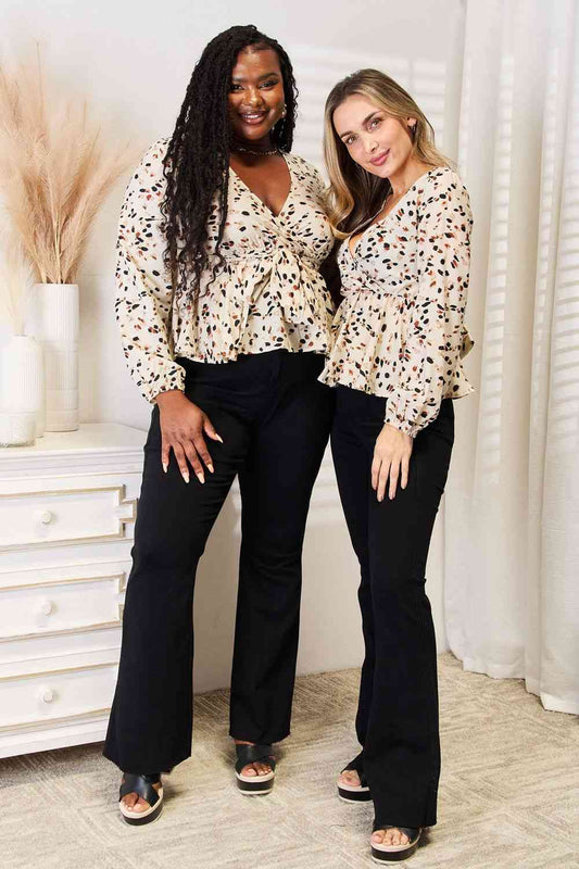 Double Take Printed Tied Plunge Peplum Blouse - AllIn Computer