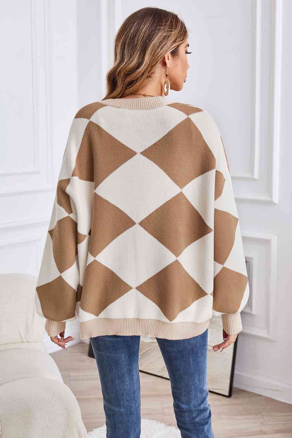 Geometric Lantern Sleeve Cardigan with Pockets - AllIn Computer