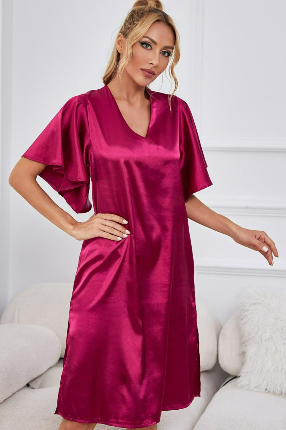 Satin Flutter Sleeve Side Slit V-Neck Night Dress - AllIn Computer