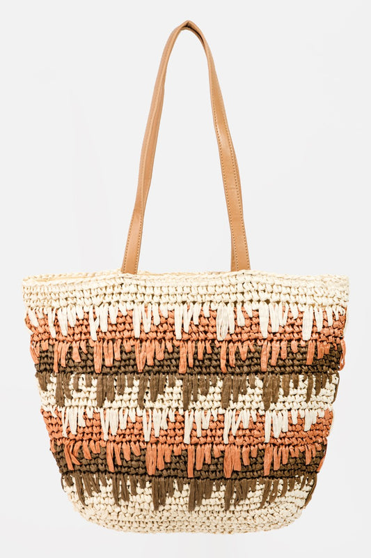 Fame Straw Braided Striped Tote Bag - AllIn Computer