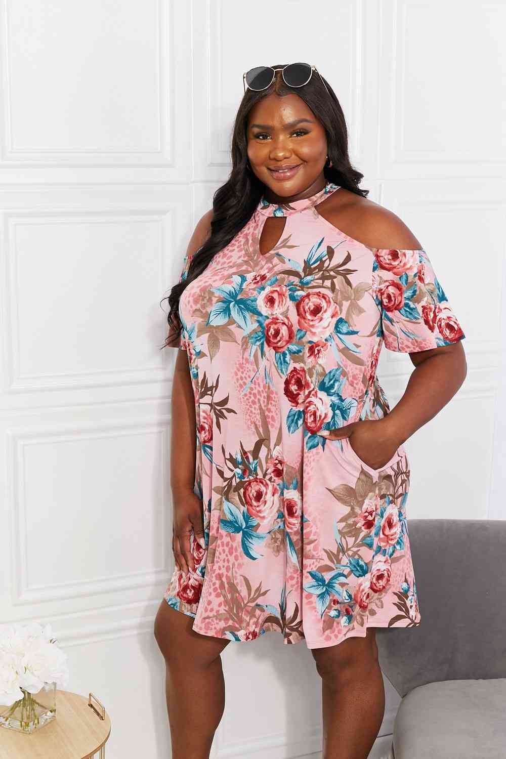 Sew In Love Full Size Fresh-Cut Flowers Cold-Shoulder Dress - AllIn Computer