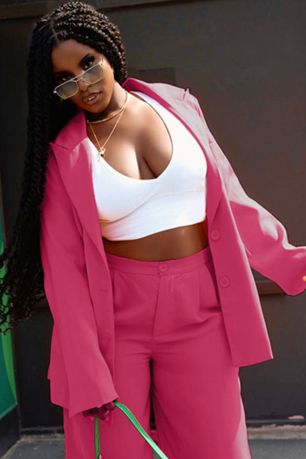 Lapel Collar Buttoned Blazer and Long Pants Set - AllIn Computer
