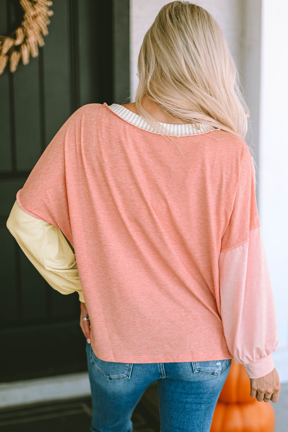 Color Block V-Neck Dropped Shoulder Sweatshirt with Pocket - AllIn Computer