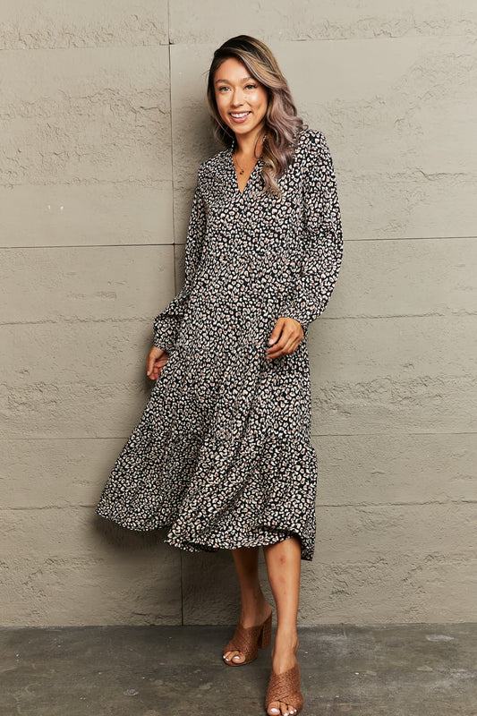 Notched Neck Long Sleeve Midi Dress - AllIn Computer