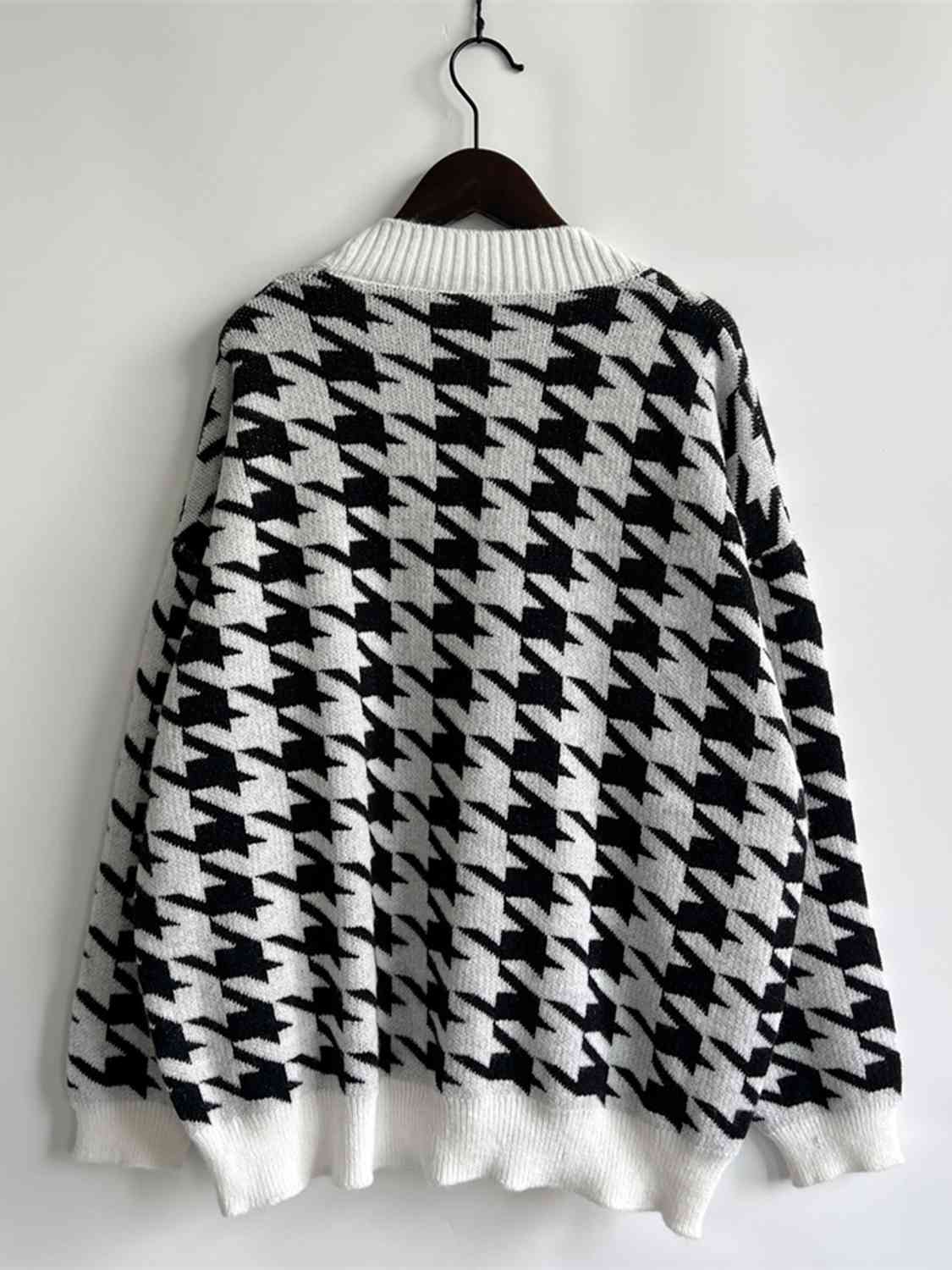 Houndstooth Botton Front  Cardigan with Pockets - AllIn Computer