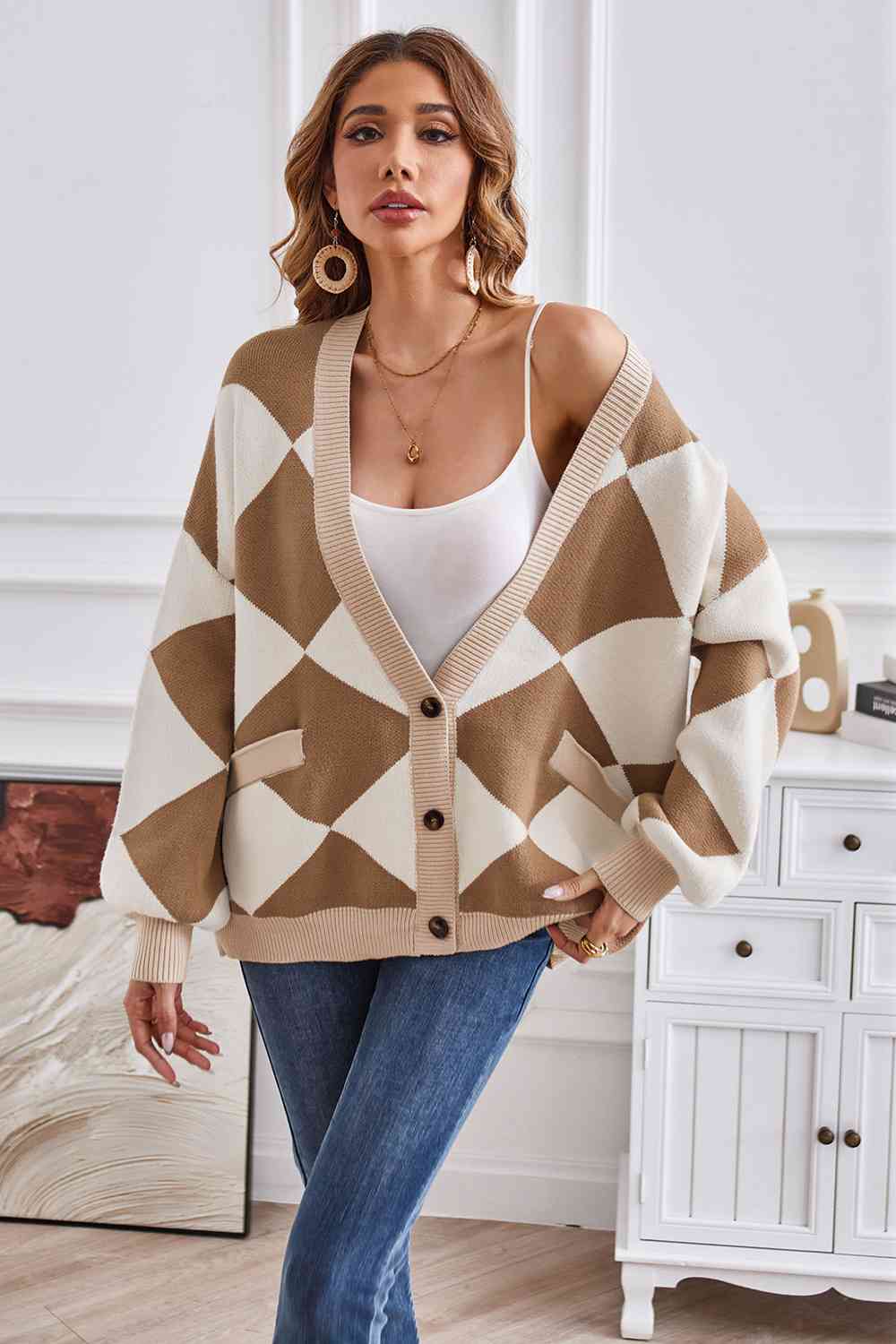 Geometric Lantern Sleeve Cardigan with Pockets - AllIn Computer