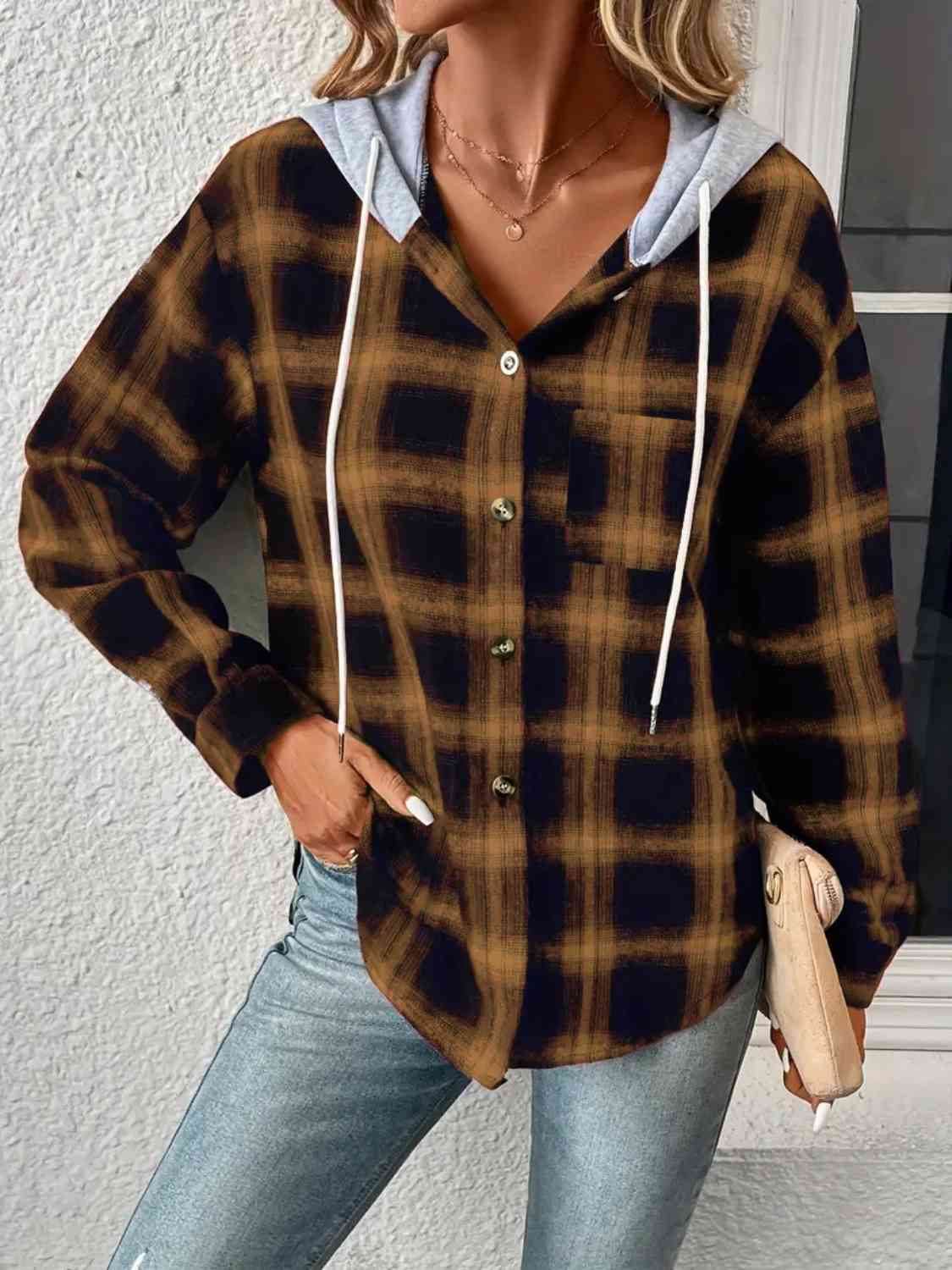Plaid Drawstring Button Up Hooded Jacket - AllIn Computer