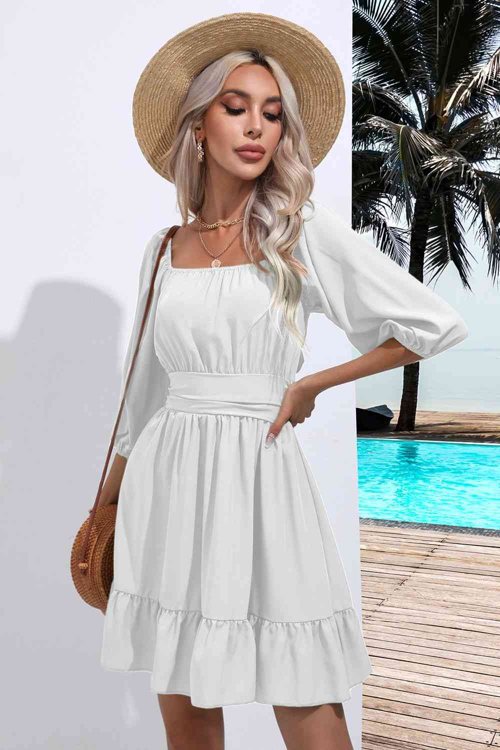 Square Neck Tie Back Ruffle Hem Dress - AllIn Computer