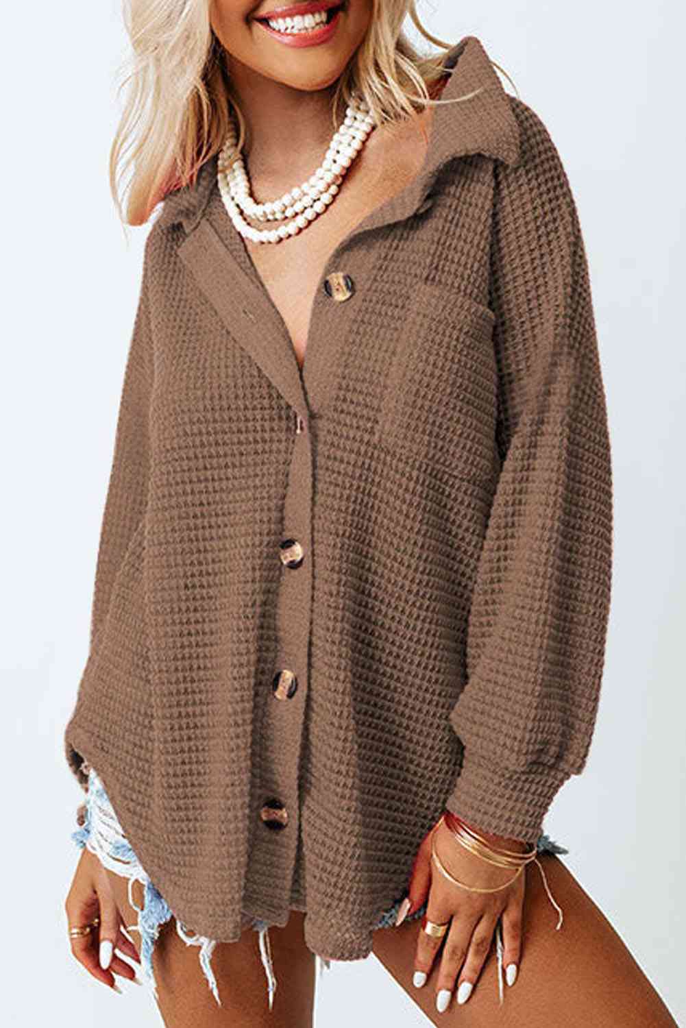 Waffle-Knit Button Up Long Sleeve Shirt with Pocket - AllIn Computer