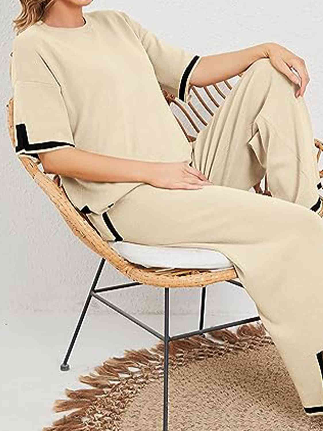 Contrast High-Low Sweater and Knit Pants Set - AllIn Computer