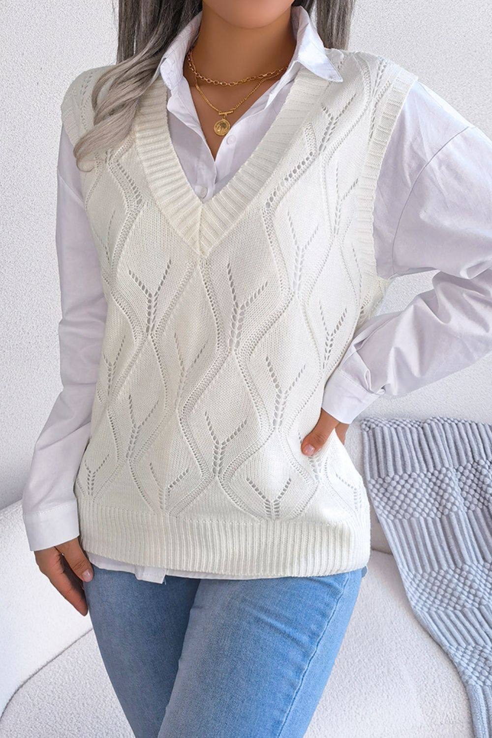 Openwork Ribbed Trim Sweater Vest - AllIn Computer