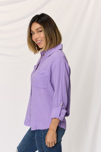 Zenana Texture Button Up Raw Hem Long Sleeve Shirt - AllIn Computer