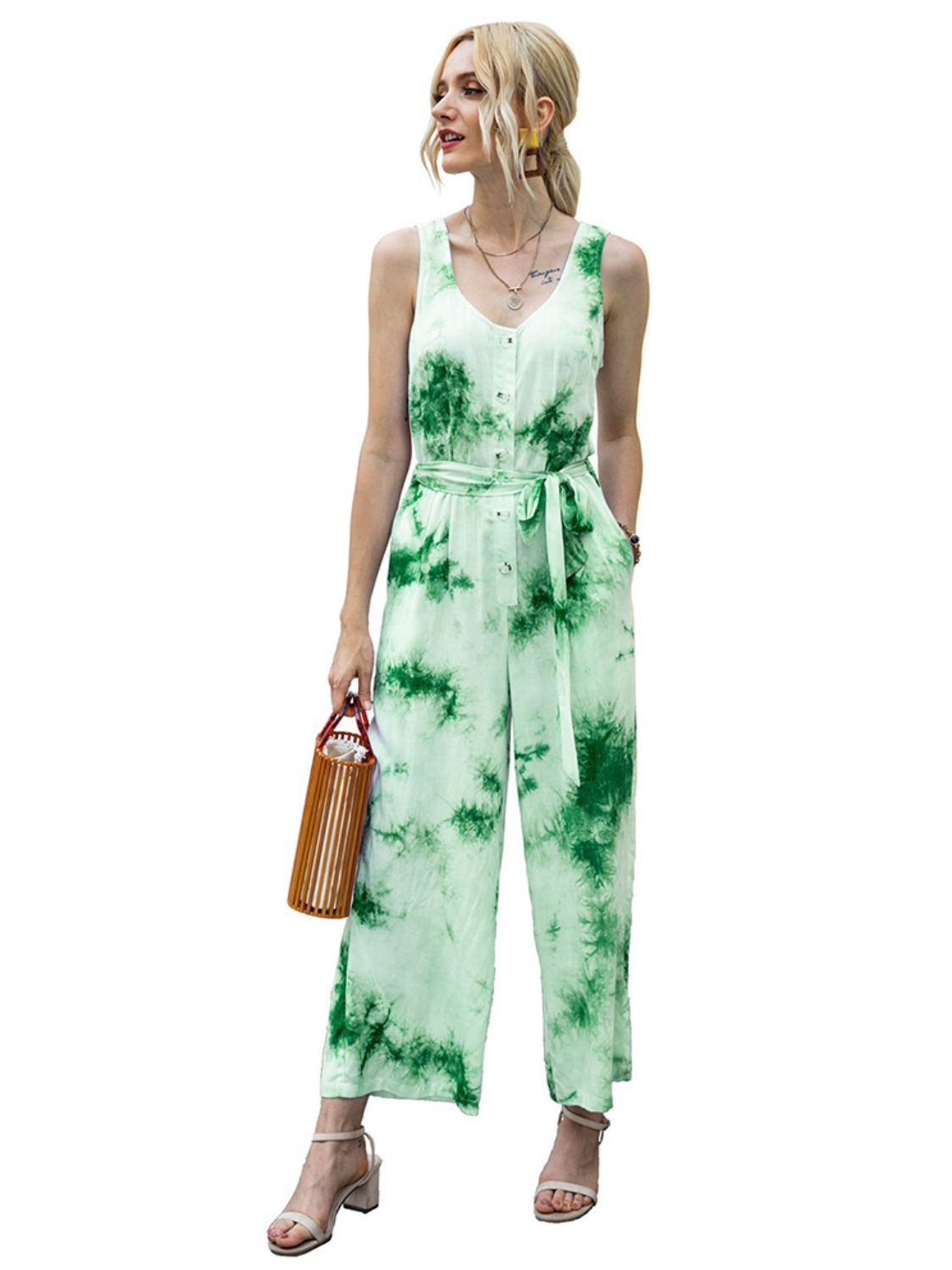 Tie-Dye Tie Waist Sleeveless Jumpsuit - AllIn Computer
