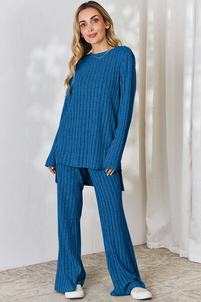 Basic Bae Full Size Ribbed High-Low Top and Wide Leg Pants Set - AllIn Computer