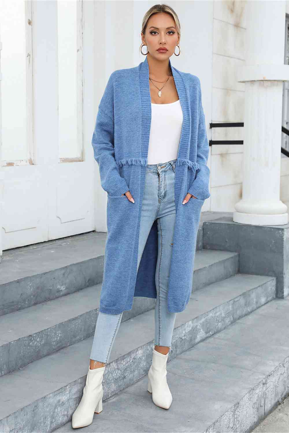 Open Front Pocketed Cardigan - AllIn Computer