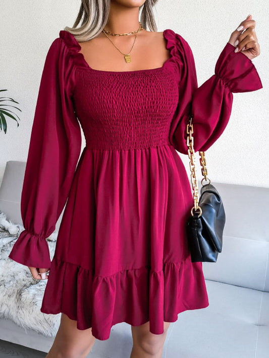 Smocked Flounce Sleeve Square Neck Dress - AllIn Computer