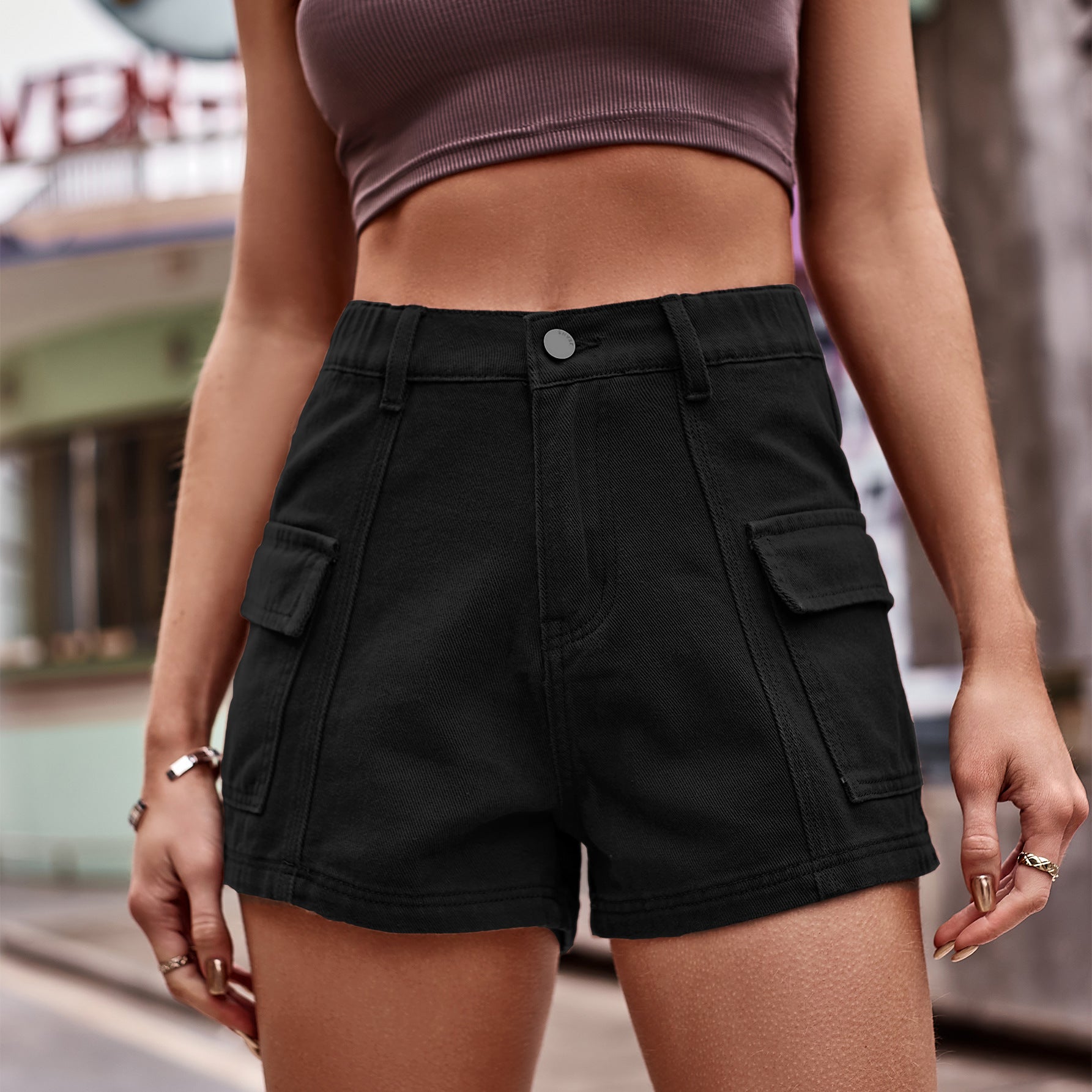 High-Waist Denim Shorts with Pockets - AllIn Computer