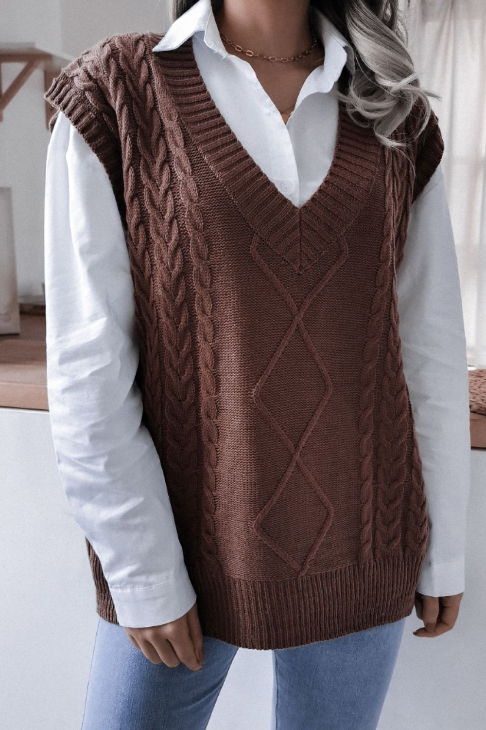 Cable-Knit Ribbed V-Neck Sweater Vest - AllIn Computer