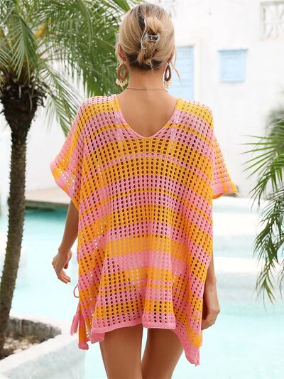 Tassel Openwork Striped V-Neck Cover Up - AllIn Computer