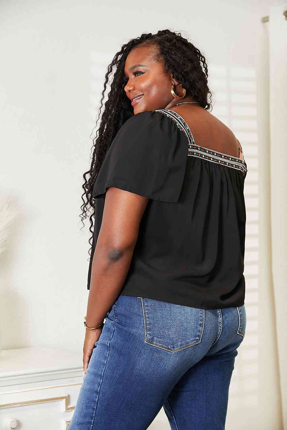 Double Take Contrast Square Neck Puff Sleeve Blouse - AllIn Computer