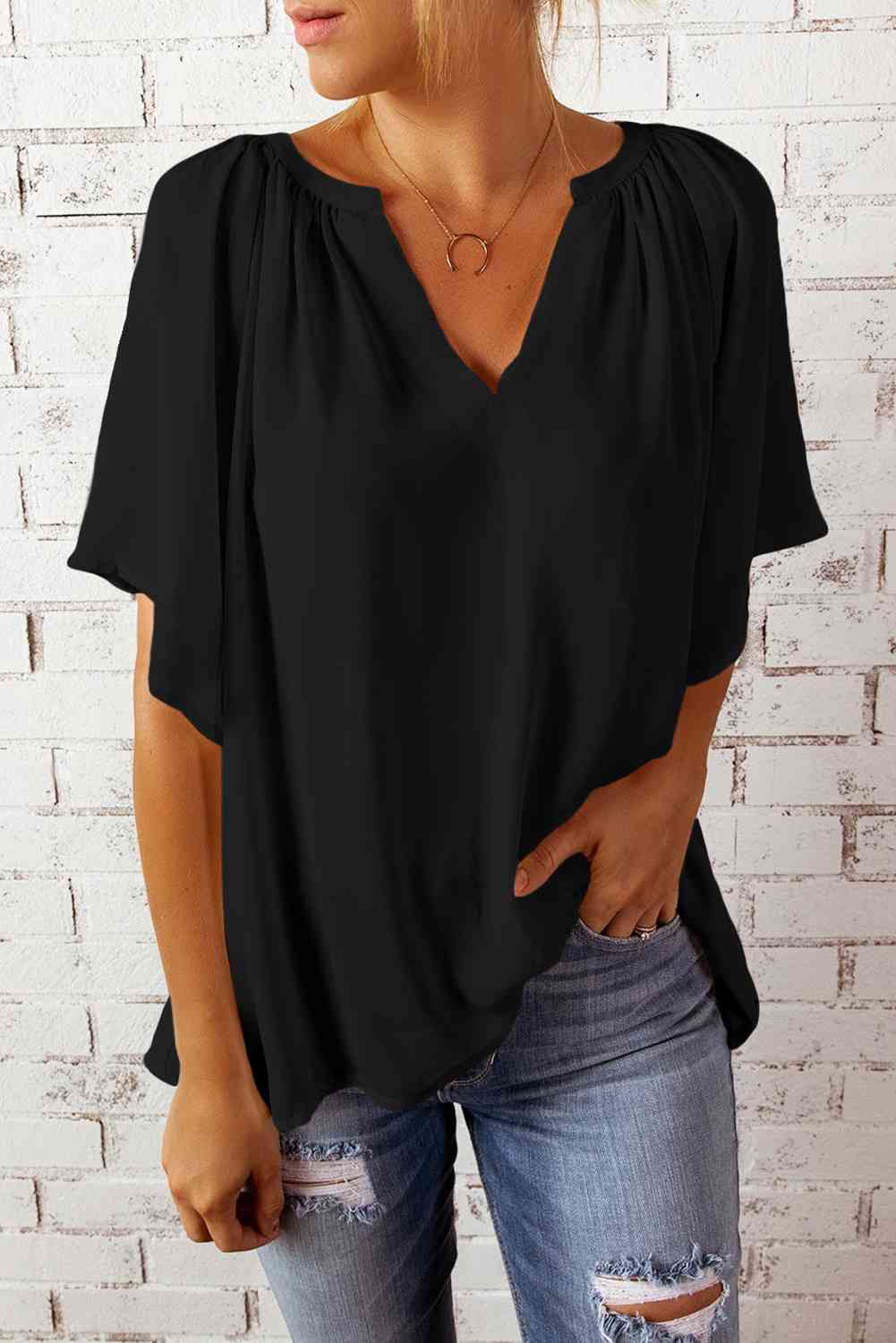 Gathered Detail Notched Neck Flutter Sleeve Top - AllIn Computer