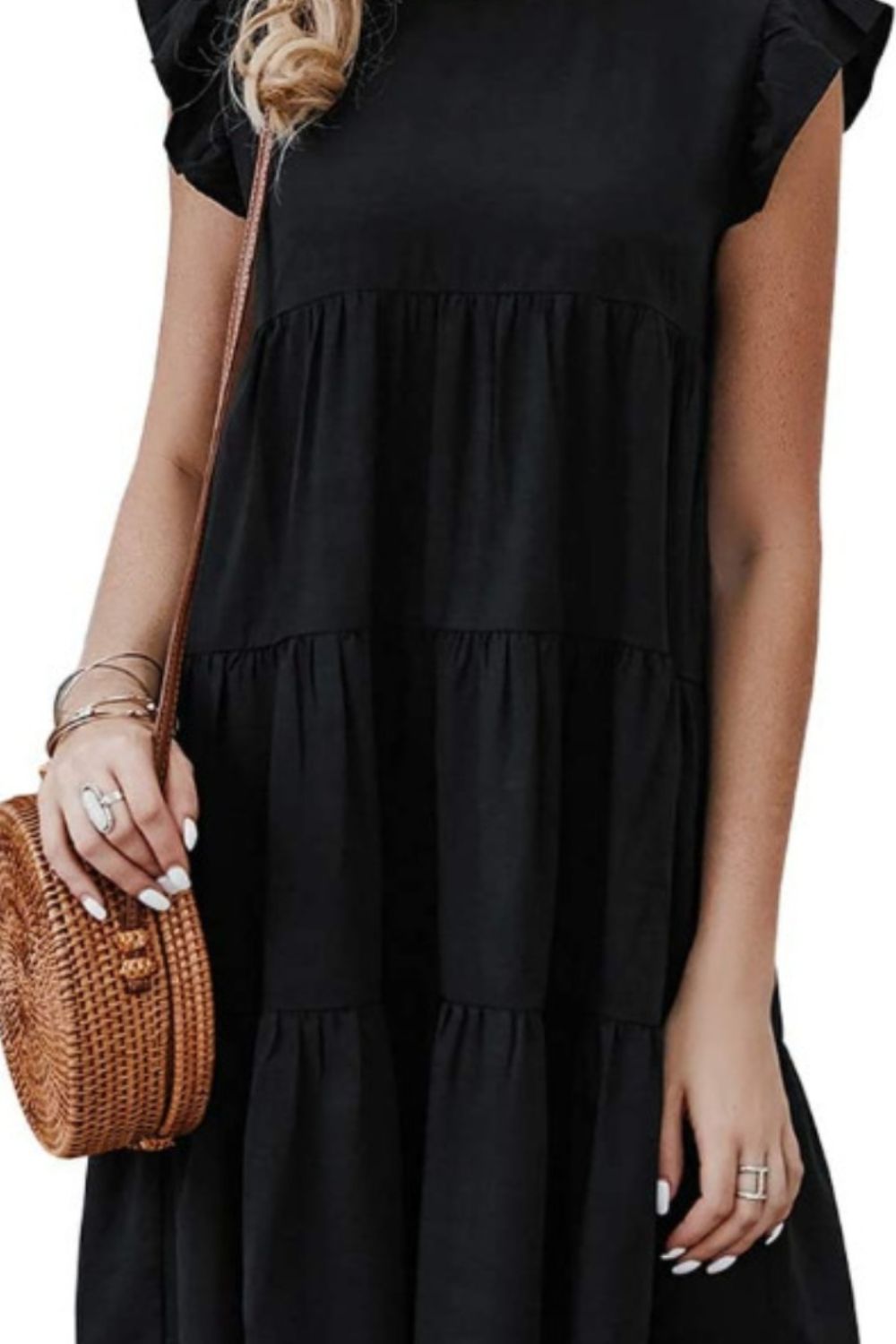 Ruffled Round Neck Cap Sleeve Mini Dress - AllIn Computer
