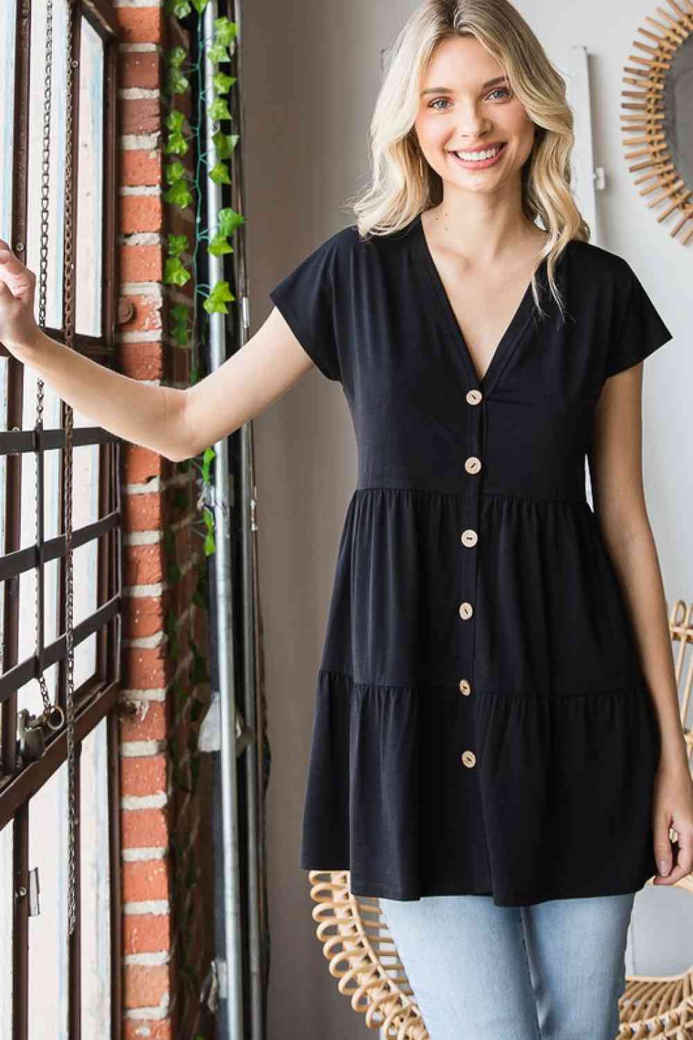 Heimish Full Size Buttoned V-Neck Tiered Top - AllIn Computer