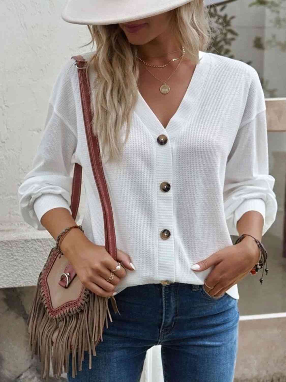 V-Neck Dropped Shoulder Blouse - AllIn Computer