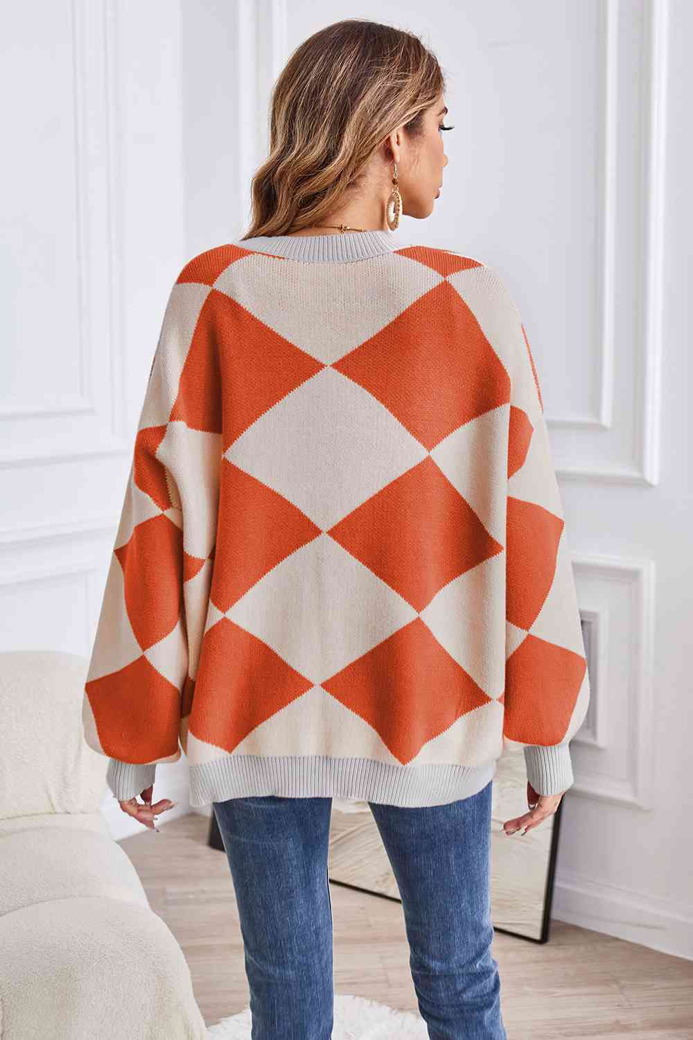 Geometric Lantern Sleeve Cardigan with Pockets - AllIn Computer