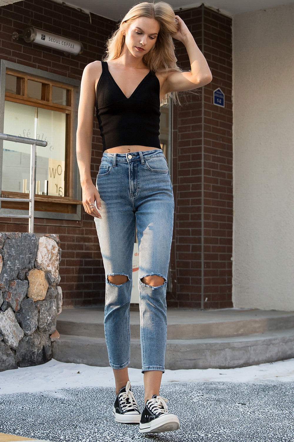BAYEAS High Waist Distressed Washed Cropped Mom Jeans - AllIn Computer