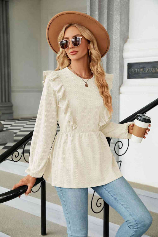 Round Neck Ruffled Peplum Blouse - AllIn Computer