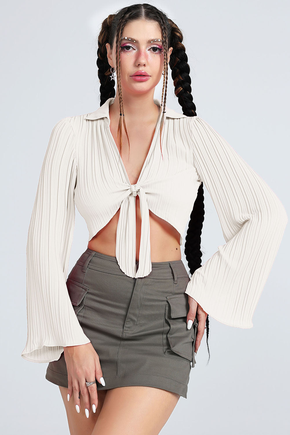 Tie Front Johnny Collar Flare Sleeve Cropped Top - AllIn Computer
