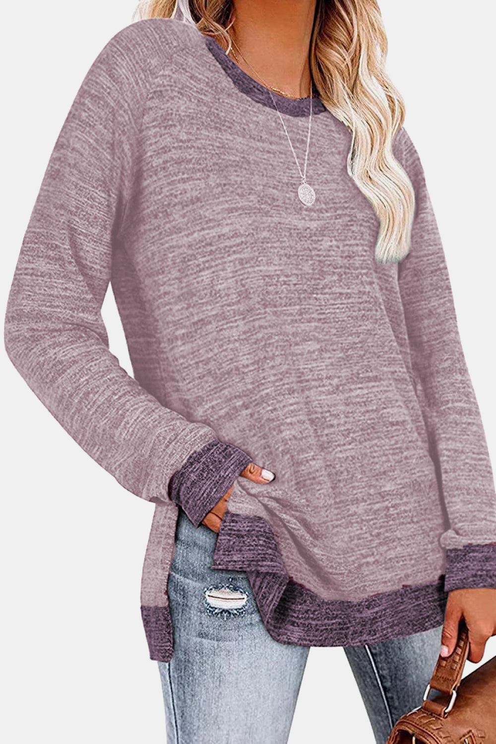 Round Neck Long Sleeve Slit T-Shirt - AllIn Computer