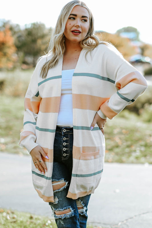 Plus Size Striped Open Front Cardigan - AllIn Computer