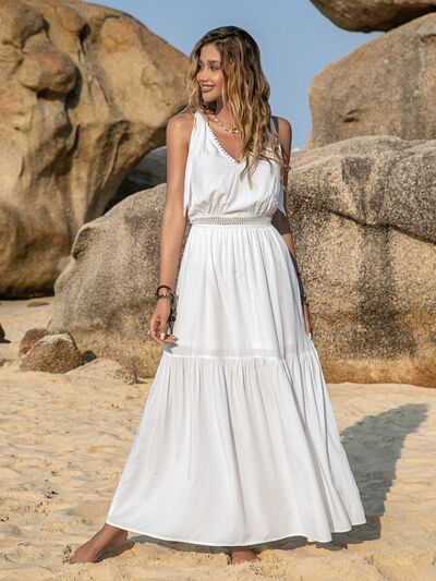 V-Neck Tie Shoulder Crochet Maxi Dress - AllIn Computer