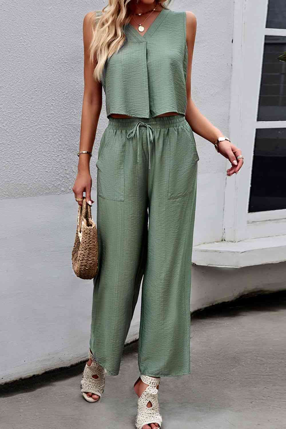 V-Neck Tank and Drawstring Pants Set | CLOTHING,SHOES & ACCESSORIES | DY, outfit sets, Ship From Overseas | Trendsi