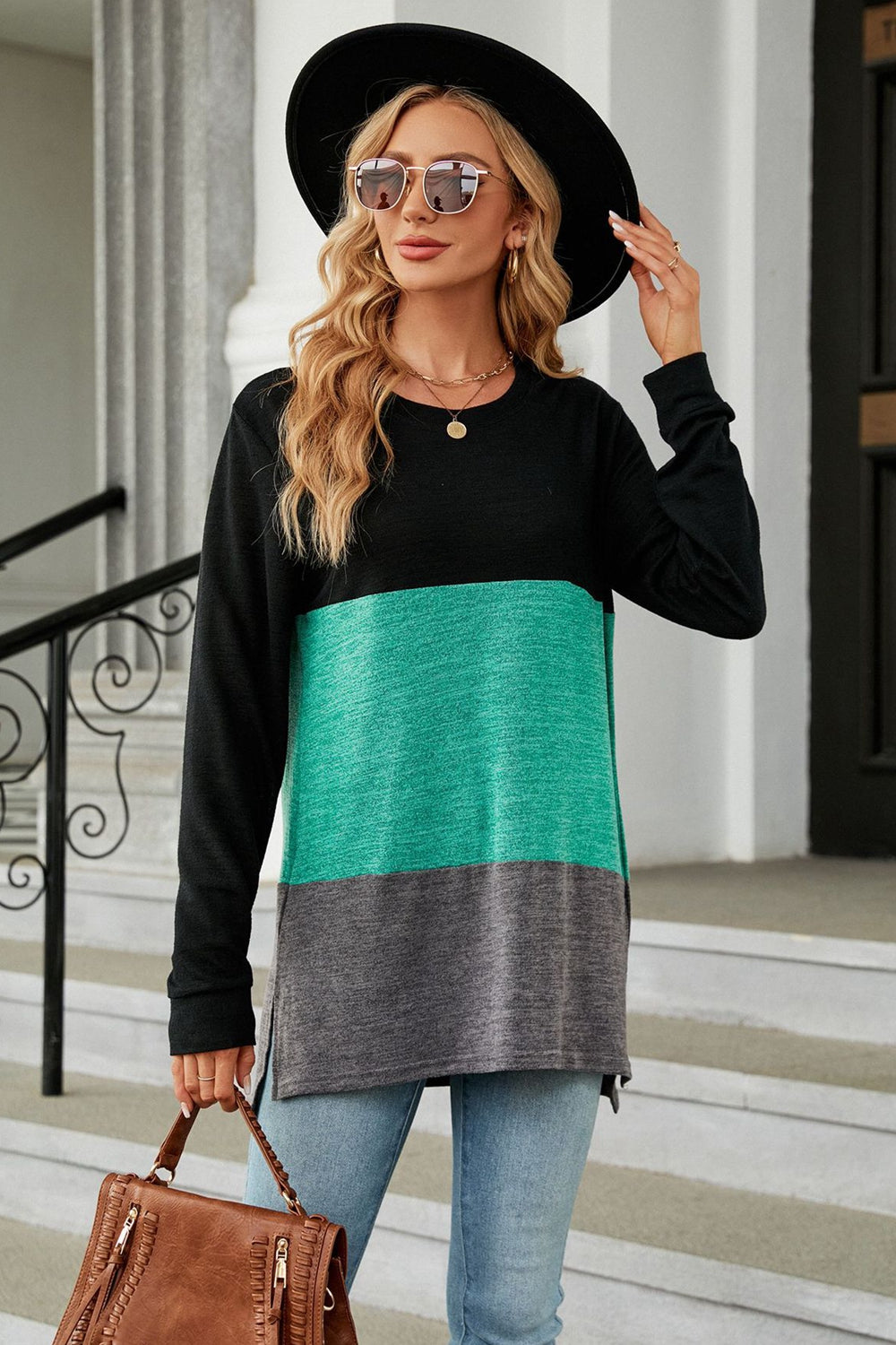 Color Block Round Neck Long Sleeve Slit T-Shirt - AllIn Computer