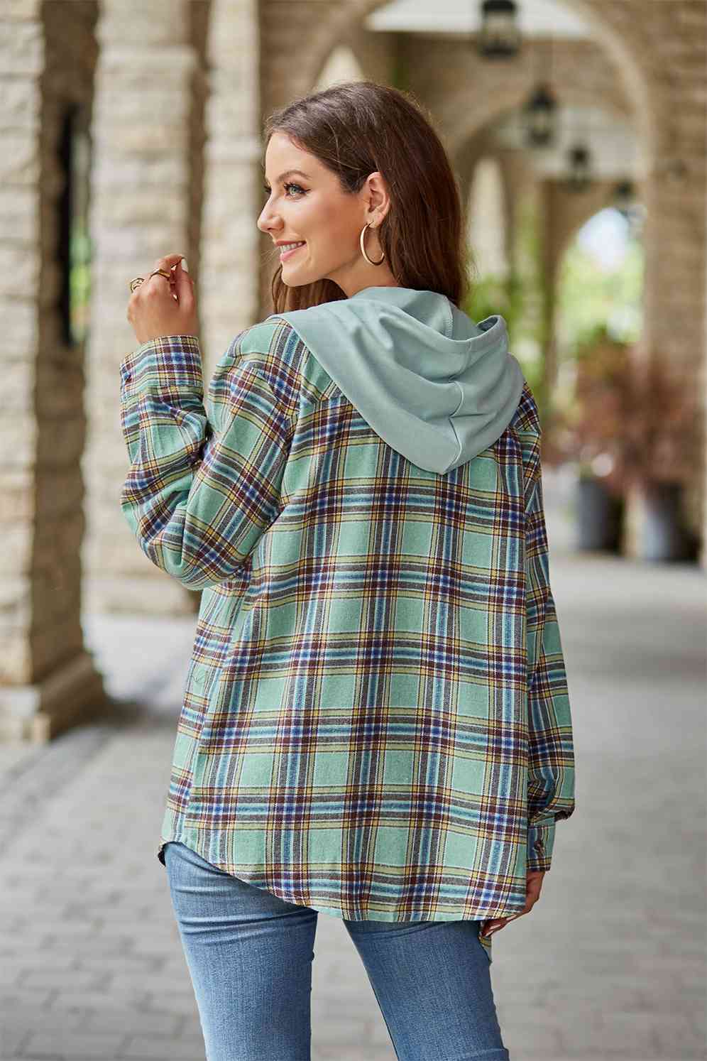 Plaid Long Sleeve Hooded Jacket - AllIn Computer
