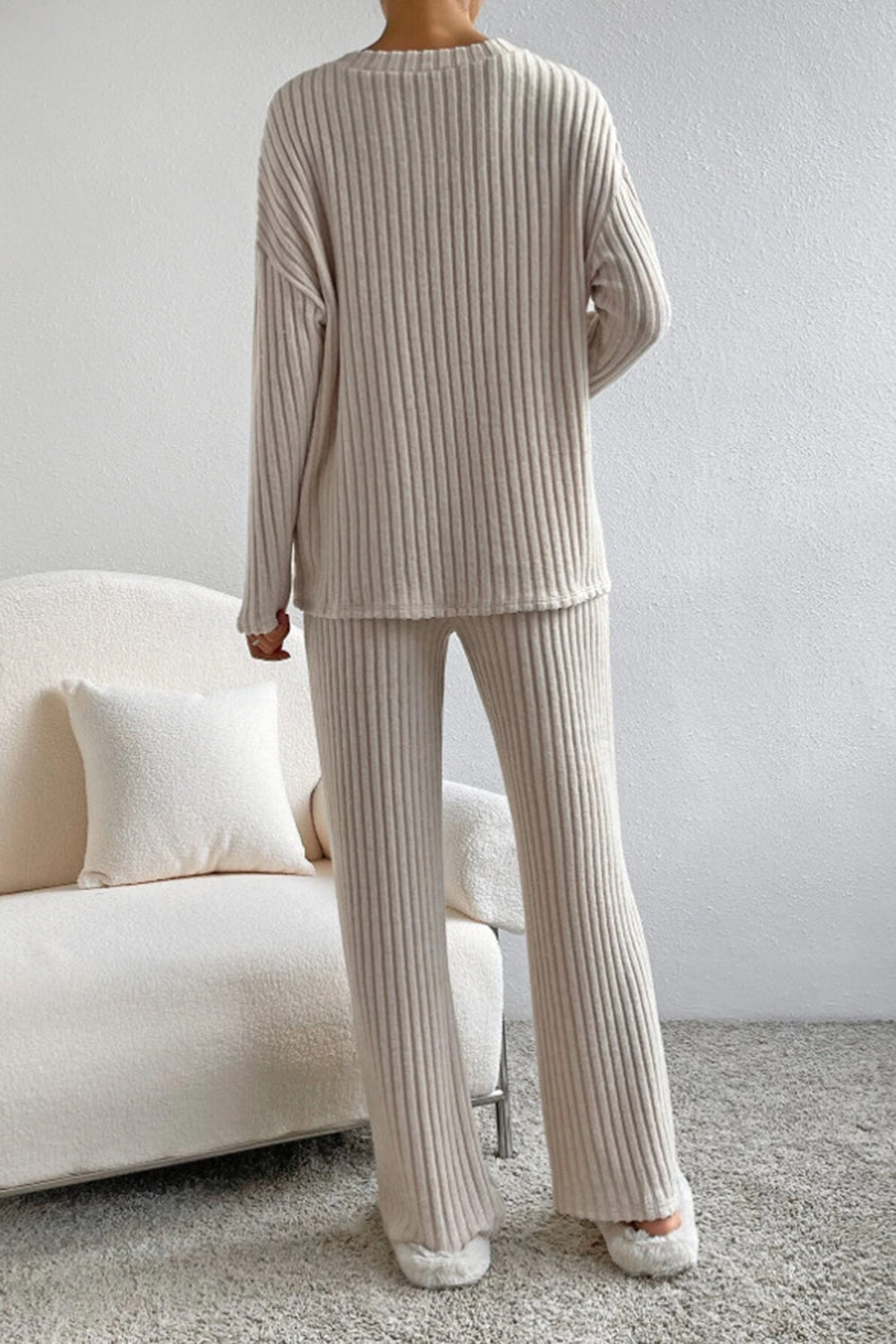 Ribbed V-Neck Top and Pants Set - AllIn Computer